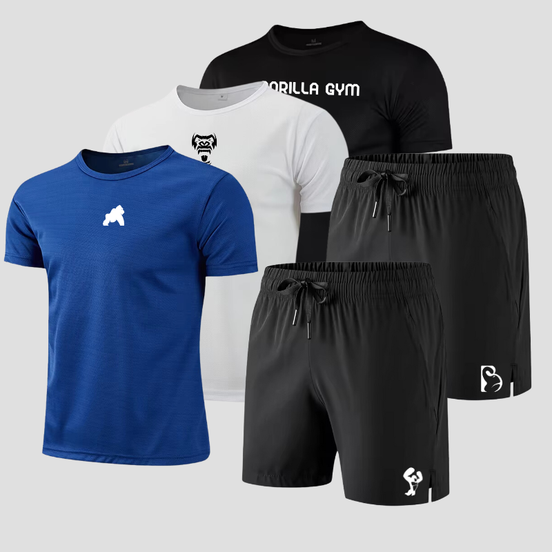 Sportausrüstung: 3 Gorilla-T-Shirts + 2 schwarze Trainingsshorts