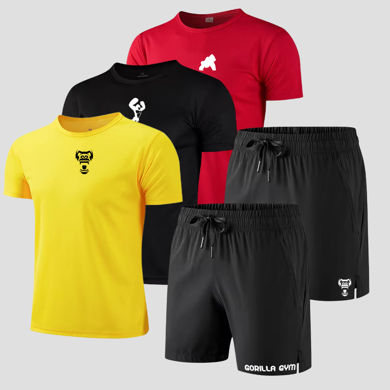 Sportausrüstung: 3 Gorilla-T-Shirts + 2 schwarze Trainingsshorts