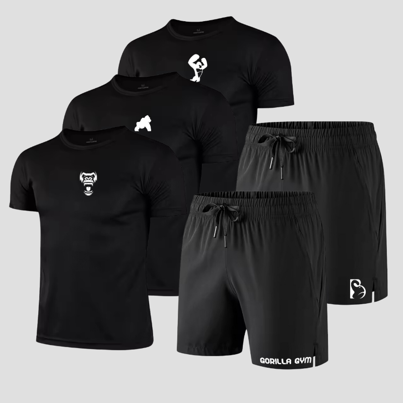 Set mit 3 schwarzen Gorilla-T-Shirts + 2 schwarzen Trainingsshorts