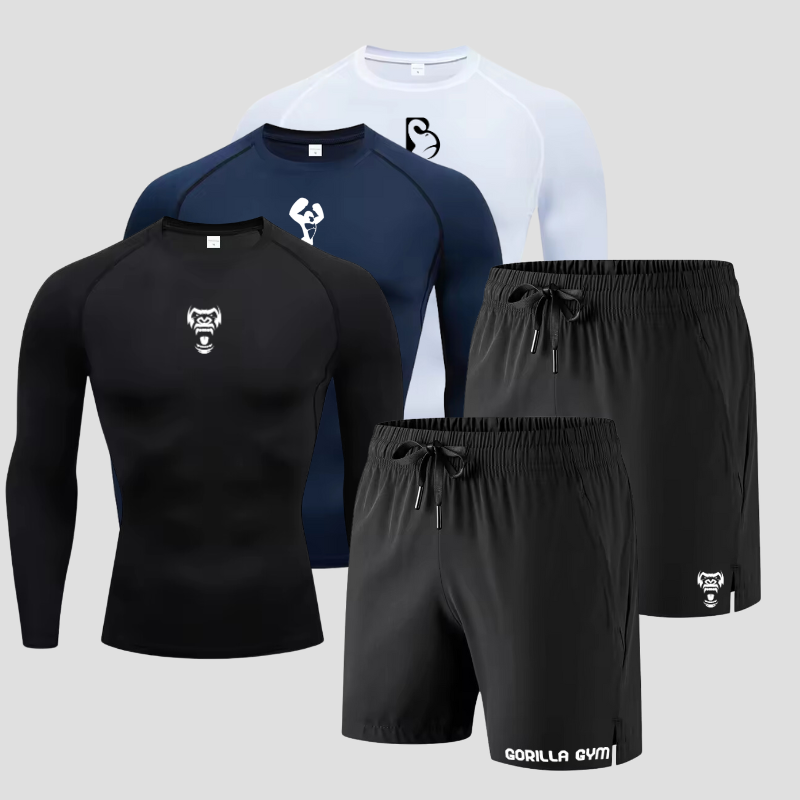 Sport-Set: 3 Gorilla Langarm-Kompressionsshirts + 2 schwarze Trainingsshorts